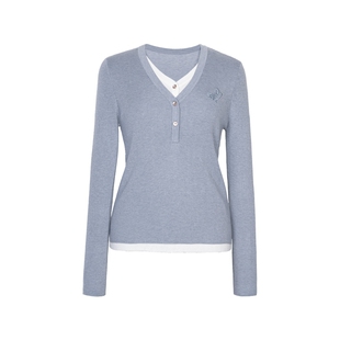 XG雪歌浅蓝色假两件字母绣花长袖毛针织衫2025冬季新款套头毛衫女