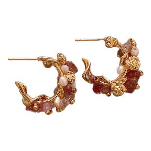 2026新款金色C圈珍珠花朵耳钉女高级感轻奢耳环925纯银针耳饰独特