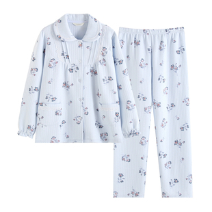 罗丝美2025秋冬新款14245纯棉暖棉布印花全开襟睡衣家居服套装女