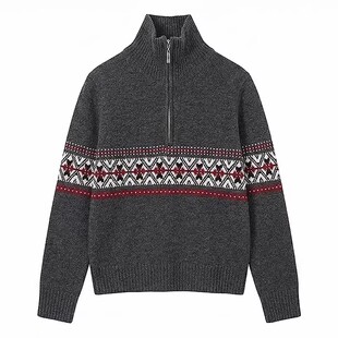 复古费尔岛风高领半拉链针织衫毛衣女撞色几何提花羊毛衫显瘦百搭