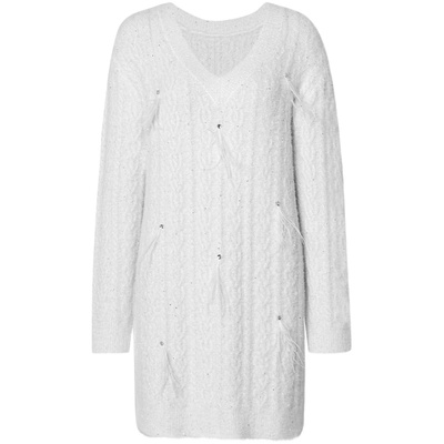 H型亮片钻饰羽毛针织连衣裙