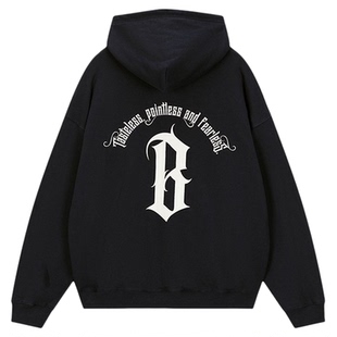 BONELESS圆弧基础字体logo印花加绒连帽卫衣美式重磅春秋帽衫外套