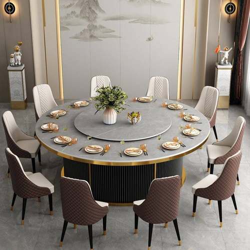 酒店餐桌轻奢岩板大圆桌饭店会所火锅店电磁炉带电动转盘圆形饭桌