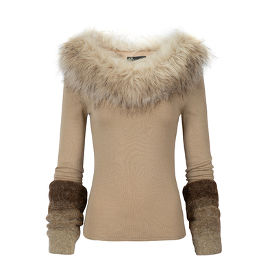 JELLOJELLO25冬羊毛拼接马海毛一字肩大毛领针织打底衫上衣