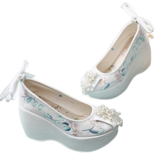 春夏汉服鞋子女增高9cm古风鞋高跟原创串珠古装绣花布鞋国风女鞋