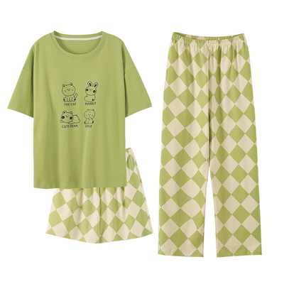 睡衣女夏天纯棉带胸垫短袖三件套