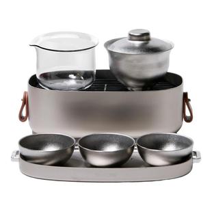 哲品户外高端纯钛功夫旅行茶具便携茶盘露营泡茶专用盖碗茶杯套装