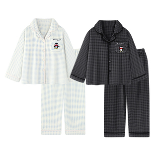 珊瑚绒情侣睡衣女冬季加厚加绒男士家居服套装格子企鹅法兰绒秋冬