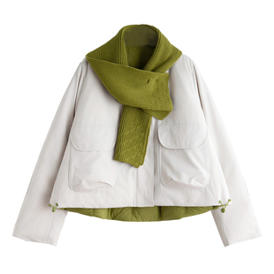 米色工装风两面穿围巾羽绒服女冬季新款抽绳大口袋90白鸭绒短外套