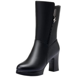 真皮靴子女中筒靴冬季加绒加厚棉鞋高跟羊毛中年女士皮毛一体女靴