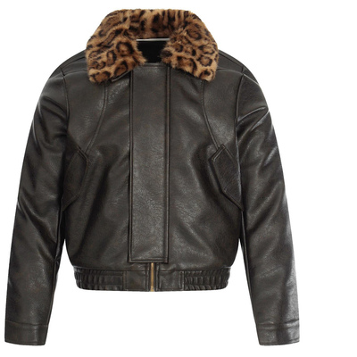 复古豹纹毛领PU皮衣外套夹棉夹克