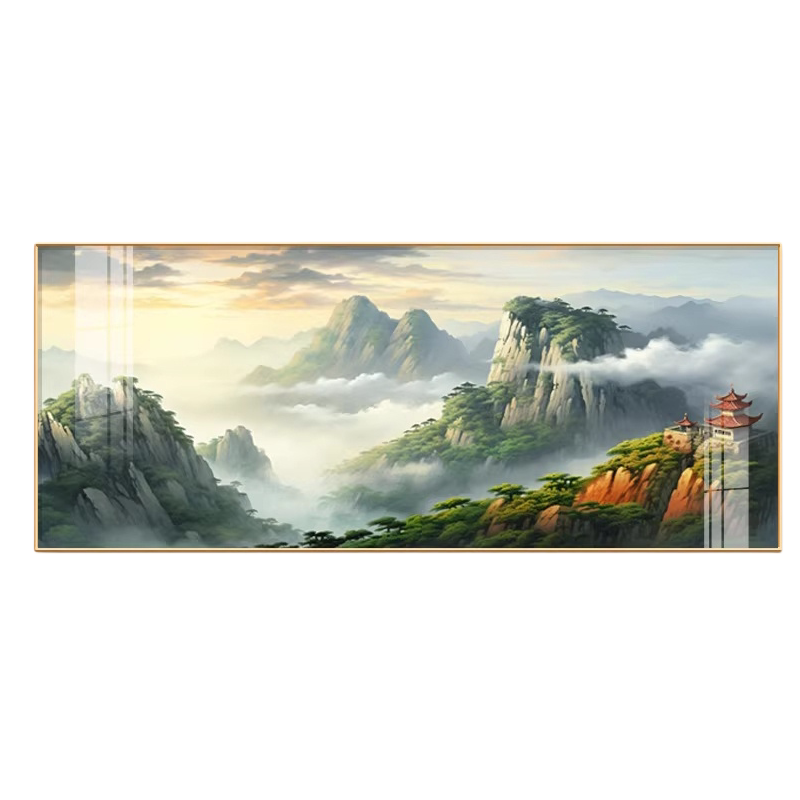 新中式山水背景墙喷绘有框挂画
