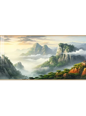 新中式山水背景墙喷绘有框挂画