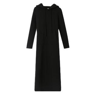 秋冬加绒修身过膝长款连帽卫衣裙女收腰休闲遮肚显瘦显高减龄长裙