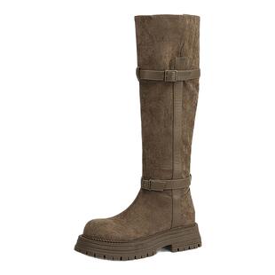 达芙妮长筒靴女2025新款冬季加绒雪地靴保暖棉靴厚底高筒绒面长靴