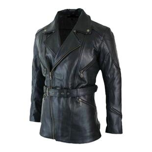 英国代购Genuine◇手作白兰度黑色牛皮真皮外套男士长夹克皮衣