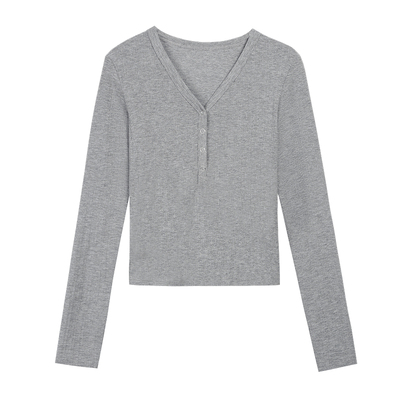 v领长袖针织t恤女修身正肩打底衫