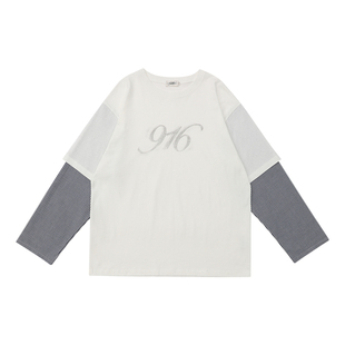 GOODBAI 916 logo做旧印花圆领假两件撞色oversize长袖T恤