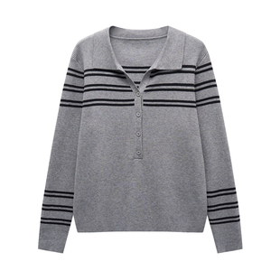 微胖的喵喵大码女装胖mm冬季洋气巨显瘦翻领内搭条纹针织上衣3820