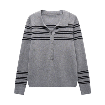 大码mm巨显瘦条纹翻领针织上衣女