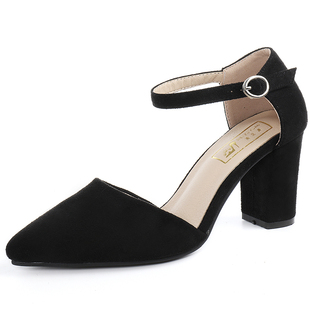 34高跟绒面尖头粗跟一字扣带中空单鞋女中跟职业韩版32小码女鞋33