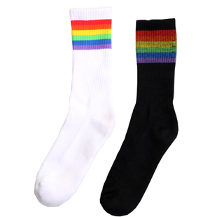3双彩虹条纹长筒袜子毛巾底加厚黑白控潮流简约运动吸汗防臭纯棉