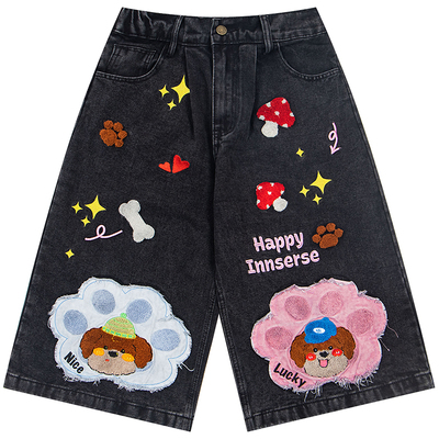 原创趣味卡通毛巾刺绣水洗七分裤