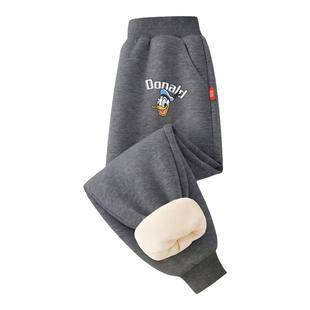 迪士尼冬季男童新款加绒卫裤加厚束脚休闲百搭儿女童洋气保暖长裤