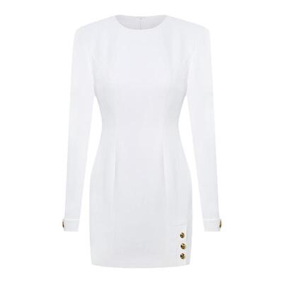 Maison Wester秋季流行轻奢金扣直角肩修身显瘦长袖白色连衣裙