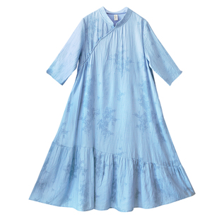 【碧波舟行】中式复古印花连衣裙偏襟荷叶边裙白色裤子女2025春季