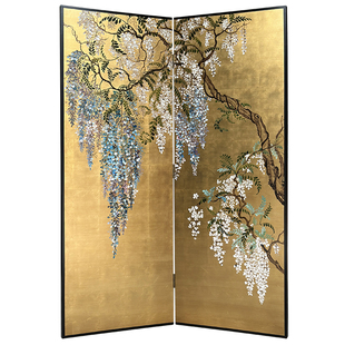 新中式金箔手绘紫藤花家用定制折叠屏风客厅茶室背景墙酒店客厅