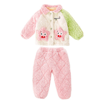 女童冬装加厚睡衣三层夹棉套装