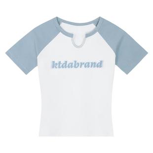 KTDA新款基础字母美式复古潮牌辣妹装T恤女插肩袖修身短款上衣夏