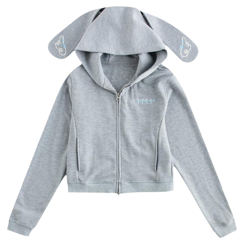 riverstone plus 纯色慵懒感兔耳朵连帽卫衣女双拉链短款修身外套