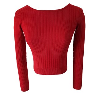 包邮 欧美复古 小性感露背后背绑带坑条短款圆领长袖针织衫 上衣