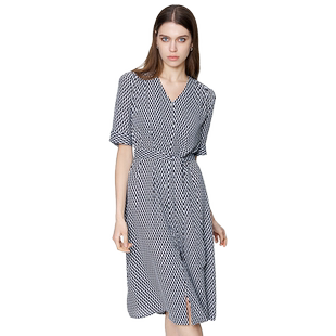 ICB日系春季通勤宽松款印花过膝短袖连衣裙V领系带连身裙商场同款