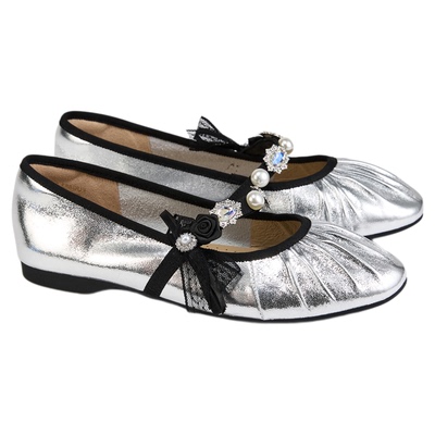 fed平底玛丽珍鞋秋季新款女鞋褶皱单鞋银色芭蕾鞋女S0820-YAB883