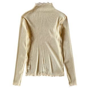 半高领亮丝网纱打底衫女秋冬2025新款木耳边叠穿蕾丝内搭透视薄纱