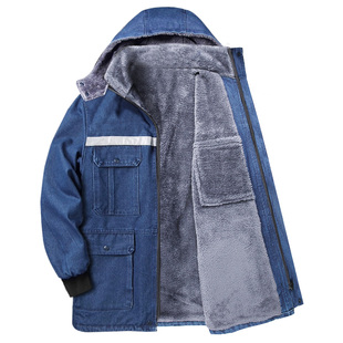 冬季加厚牛仔工作服加绒加厚电焊工套装男棉服耐磨防烫劳保服加绒