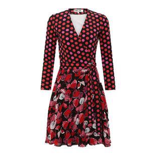 DVF红裙度假V领A字裙波点植物印花拼接裹身连衣裙DW4R012