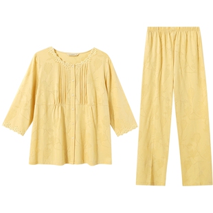 秋鹿睡衣女夏季新款七分袖九分裤提花花边春秋圆领宽松家居服套装