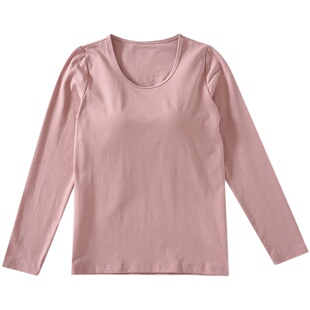 秋冬纯棉带胸垫罩杯一体长袖圆领内衣打底衫免穿文胸修身保暖上衣