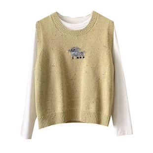 彩点纱杂色提花小狗针织马甲秋冬叠穿短款圆领背心坎肩无袖毛衣女