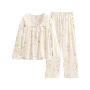 芬腾女士长袖睡衣春秋季纯棉套头套装新款休闲大码女款全棉家居服