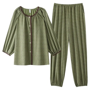 春夏季七分袖带胸垫睡衣女士格子开衫九分裤可外穿家居服女性套装