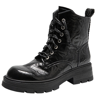 千百度手抓皮厚底马丁靴女2025冬季新款增高真皮美拉德洋气小短靴