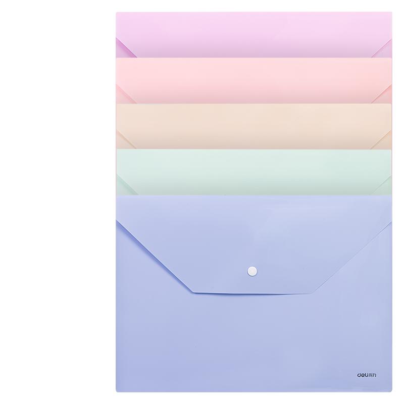 得力A4文件袋莫兰迪彩色透明塑料加厚大容量按扣试卷收纳袋学生用档案资料袋文件夹商务办公用品收纳袋