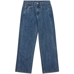 MOORING泊 100%棉中蓝直筒牛仔裤 宽松阔腿高腰长裤
