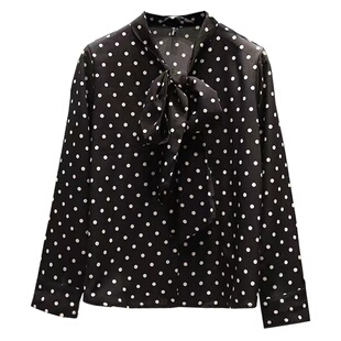 波点雪纺衬衫女2025年春秋新款蝴蝶结飘带宽松上衣长袖夏款薄衬衣