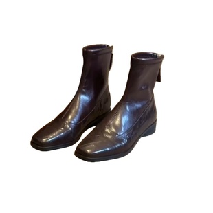 羊皮版~棕色短靴女2025新款冬季复古方头弹力瘦瘦靴加绒马丁靴子